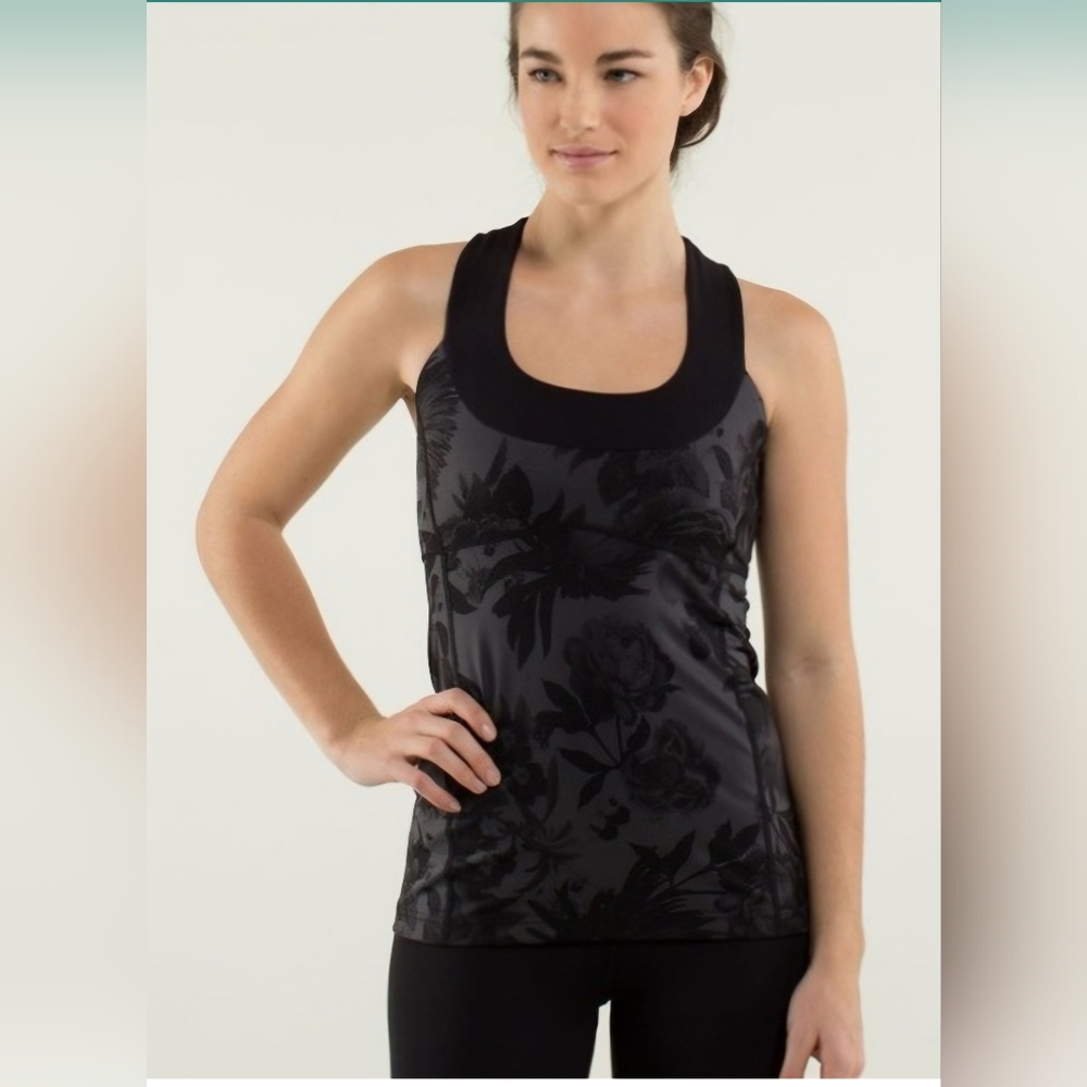 Lululemon Scoop Neck Tank in the Luon Brisk Bloom Black Soot/Black color.